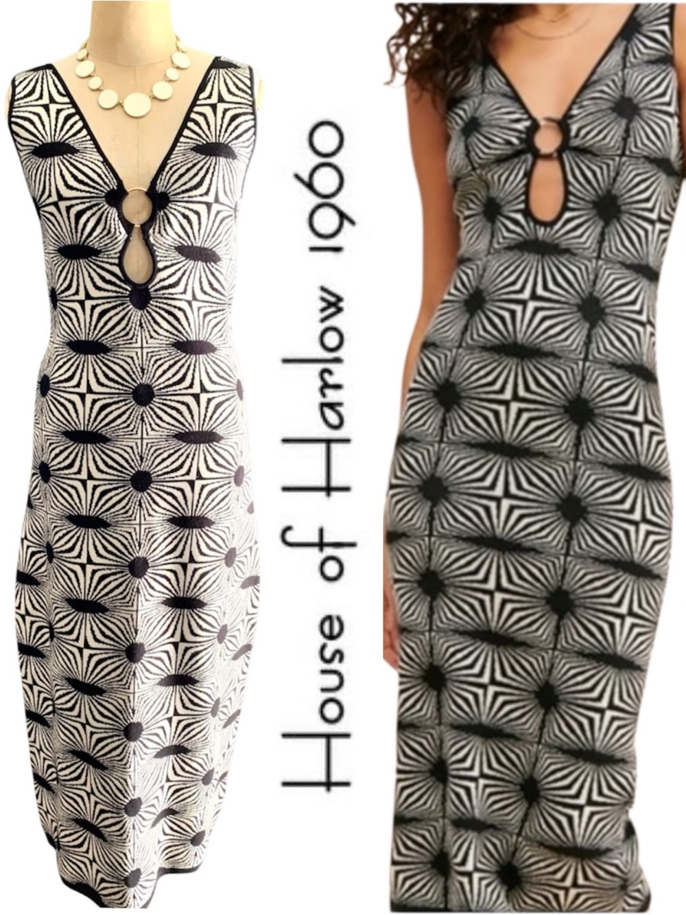 House of Harlow 1960 B&W Geometric print Midi Sheath Dress w/keyhole front- S
